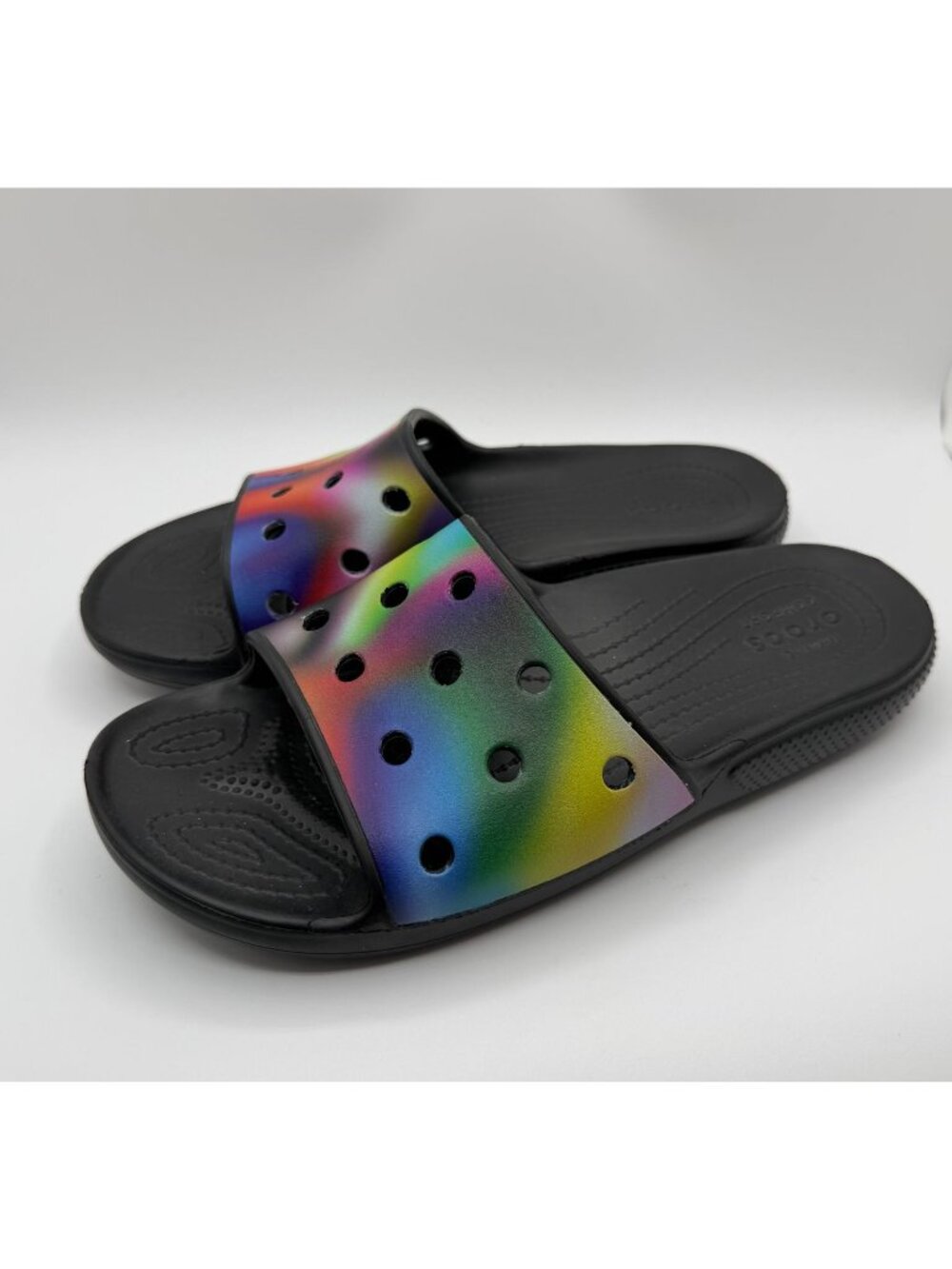 CROCS Women's Black Slide Sandals with Rainbow Iridescent Strap